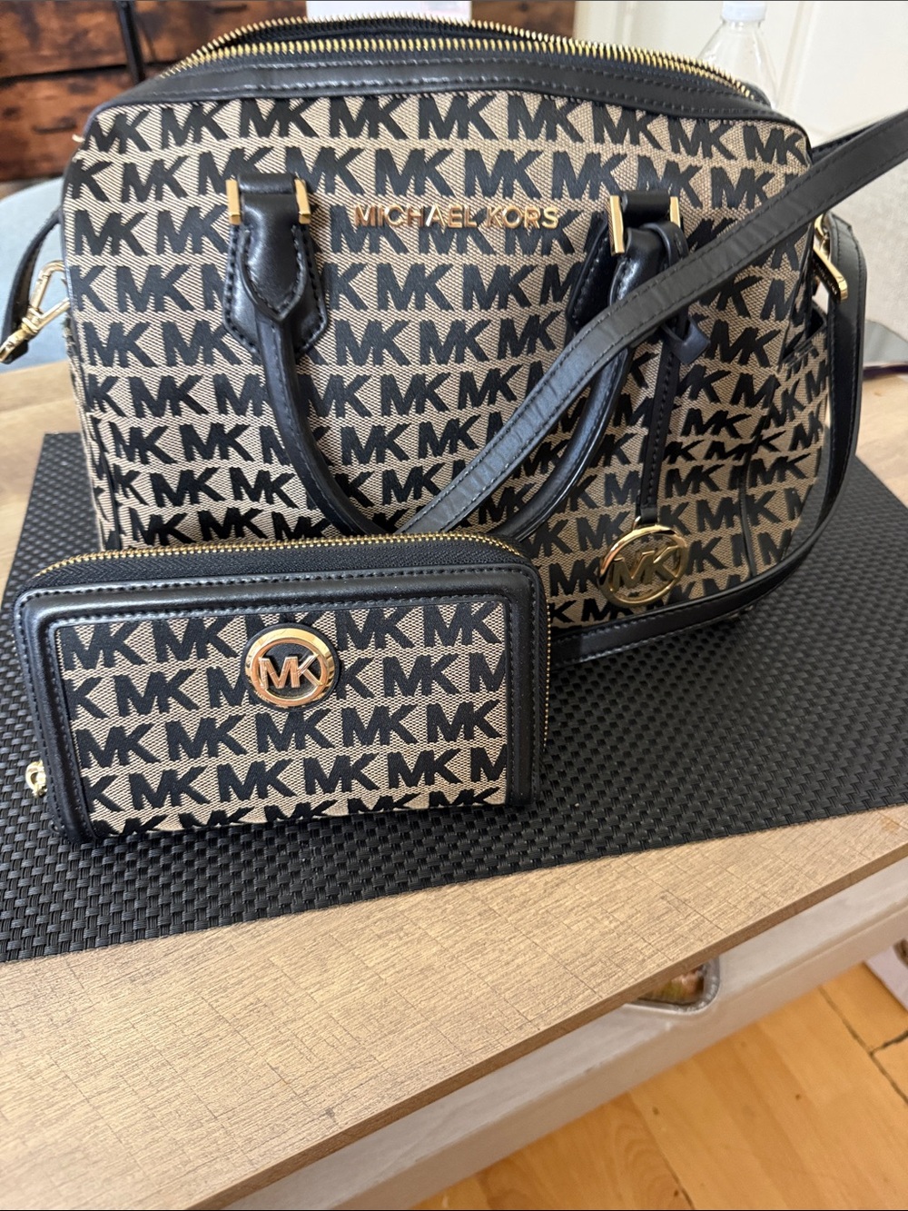 Michael Kors Brown and Black MK Logo Dome Satchel with Wallet